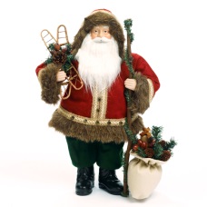 Санта в короткой красной шубе с коричневым мехом, трость, мешок с шишками, 46см