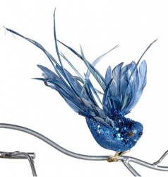 Птица блестящая с перьями голубая на клипсе 20см