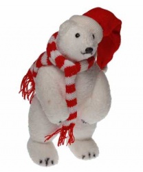 Белый мишка из ваты в красной шапке и шарфе, 41см